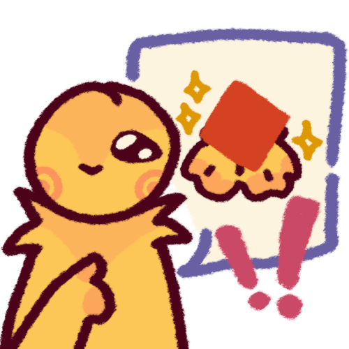 someone pointing to themself, with a speech bubble with hands presenting a red square, and maroon exclamation points on top